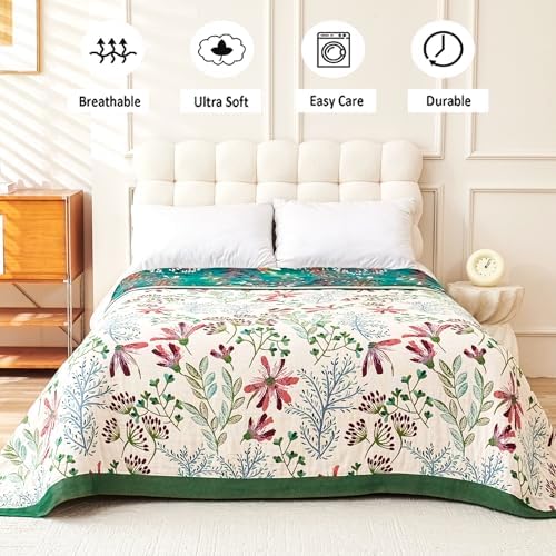 VANJOROY Boho Throw Blanket, 100% Organic Cotton Breathable Ultra Soft 91" x 98" Bed Quilt Throw - All Season Floral Rustic Farmhouse Decor Luxury Reversible Blanket for Sofa Couch Chair and Gift - Image 2