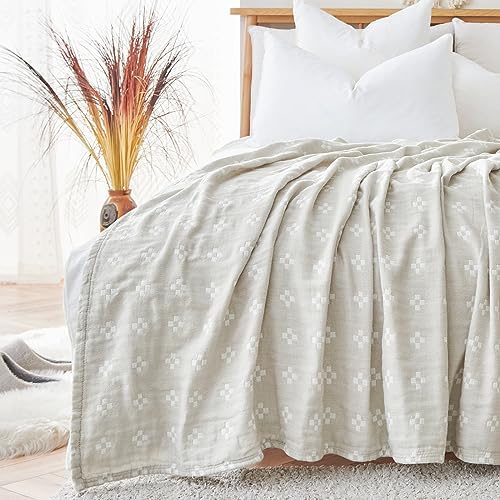 jinchan 100% Cotton Muslin Blanket Twin Boho Throw Blanket 50x60 Oatmeal by JINCHAN