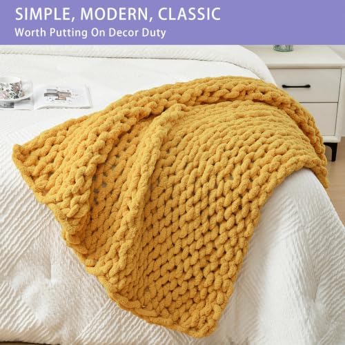 Bigacogo Chunky Knit Throw Blanket for Couch, 40x40 inches, Mustard Yellow - Image 3