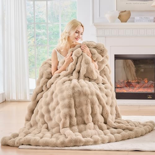 BENVWE Faux Fur Throw Blanket for Couch - Cozy Fuzzy Soft Plush Fluffy Thick Luxury Minky Bubble Blanket for Living Room Home Decor- Mothers Day Birthday Gifts for Women, Beige, 51" x 63" - Image 4