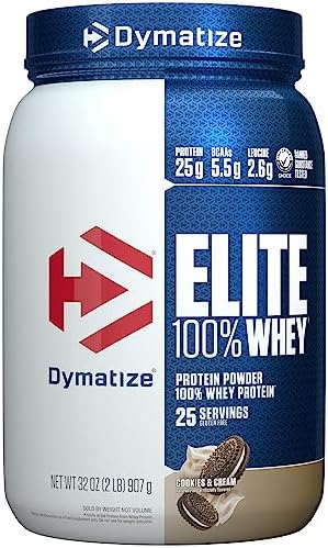 Dymatize Elite 100% Whey Protein Powder, Cookies & Cream, 25g of Protein, 5.5g BCAAs, Less Than 140 Cal., Gluten Free, 3g Carb, 2g Sugar, 3g Fat (25 Servings) by DymatizeNutrition