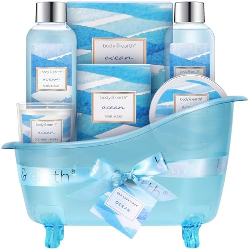 Bath and Body Gift Set for Women, Body & Earth Ocean Gift Basket, 7 Pcs Bath Sets for Women Gift with Bubble Bath, Body Lotion, Scented Candle, Spa Kit for Her, Christmas Gifts for Mom, Wife by BODYEARTH