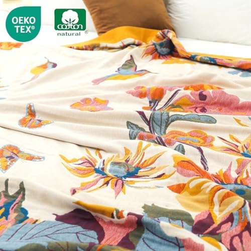 VANJOROY King Extra Large Boho Throw Blanket Oversized 91" x 108", 100% Organic Cotton Soft Bed Throw - Floral Bird Butterfly Pattern Farmhouse Blanket for Couch Sofa Chair and Gift. - Image 5