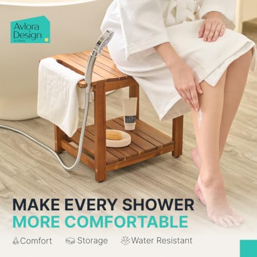 AVLORA Design 21" Premium Shower Bench with Built-in Handles - Natural - Image 2