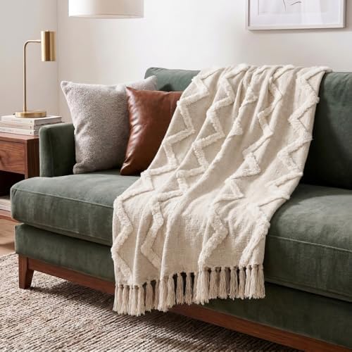 Americanflat 50x60 Throw Blanket - Soft and Breathable Cotton Throw Blanket for Couch, Bed, Chair - Decorative Blankets Perfect for Home, Office, or Outdoor Use - Beige Tufted Design by Americanflat