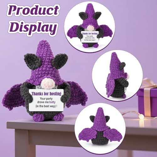 Hostess Gifts for Women, Handmade Crochet Purple Bat-Shaped Gnome Holding Appreciation Note, Halloween Party Hostess Gifts Idea, Cool Host Presents for Couples Men - Image 4