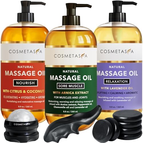 Cosmetasa Massage Oil Spa Gift Set for Women – Relaxing Lavender, Warming Arnica & Nourishing Citrus & Coconut Oils – Includes Roller Ball, Thumb Saver & Hot Stones – Self Care Kit & Body Massage Oils by Cosmetasa