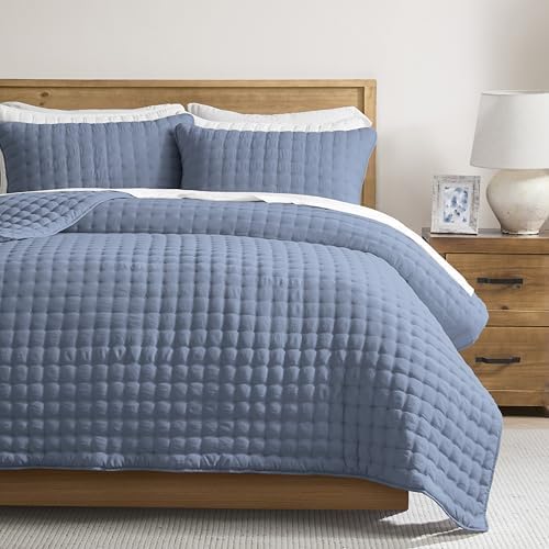 WDCOZY Dusty Blue Oversized King Quilt Set, California Cal King Rustic Bedspread, Lightweight Soft Farmhouse Coverlet, Spring Summer Thin Comforter, 3 Pieces, 2 Pillow Shams, 116x106 inches by WDCOZY