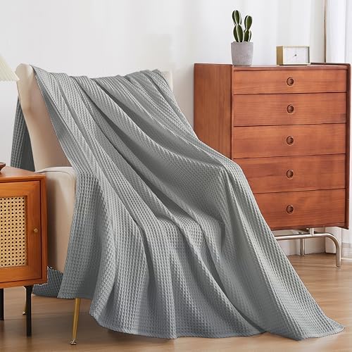 100% Egyptian Cotton Waffle Weave Throw Blanket for Bed Couch Sofa Home Decor, Soft Lightweight Bed & Couch Blanket for All Seasons (Light Grey - Queen Size - 90 * 90") - Image 2