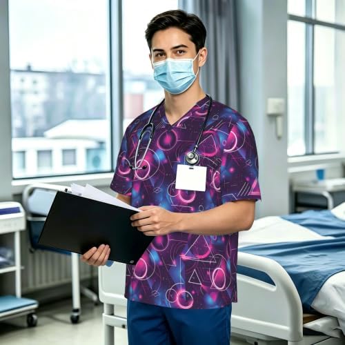 Men's Scrub Top,V-Neck Spill Wrinkle Resistant,3 Pockets-Cyberpunk Neon (12) - Image 3