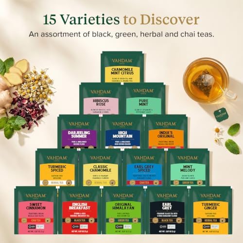 VAHDAM Assorted Tea Sampler (15 Unique Flavors in Pyramid Teabags) Tea Gift - Image 6