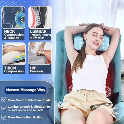 Back Massager with Heat and Traction, Foldable Massage Seat Pad with Vibration, Adjustable Neck and Waist Support, PU Leather Massage Cushion for Home, Office, Sofa, Bed and Gift Use - Image 3