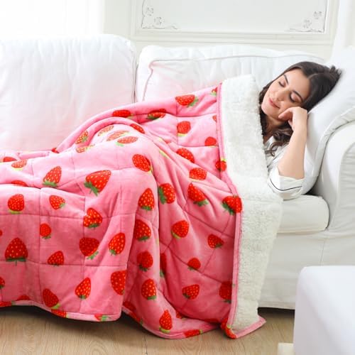Aemicion Weighted Blanket Queen Size 20 Lbs 60x80 Inches,Ultra Soft Comfortable Fluffy Sherpa Weighted Blankets for Adults,Cute Pink Strawberry Heavy Blanket as Gift for Women,Machine Washable - Image 6