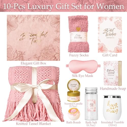 Gift Basket for Women, Self Care Set with Knitted Throw - Care Pkg - Pink - Image 2