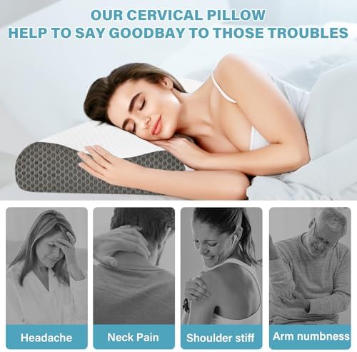 Memory Foam Cooling Bed Pillows for Sleeping, Ergonomic Cervical Pillow for Neck and Shoulder Pain Relief, Adjustable Cold Pillow,with Pillowcase（Grey） - Image 2