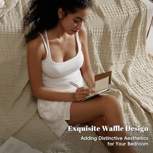 PHF Lightweight 100% Cotton Waffle Blanket for Bed, King, Khaki - Image 4
