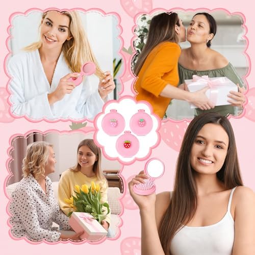 12 Pcs Pink Coquette Strawberry Mini Hair Brushes Folding Mirror Coquette Detangler Brush Bulk Round Compact Massage Scalp Comb for Purse Women Travel Team Gifts Trendy Stuff Party Favors - Image 5