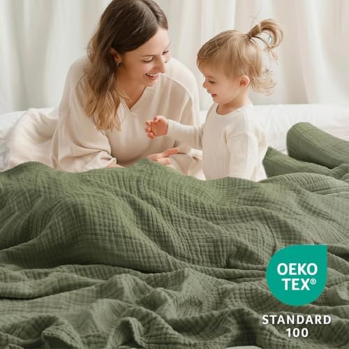 100% Cotton Muslin Blanket Large 50" x 70", Breathable and Lightweight Cotton Throw Blankets for Bed and Couch, Soft Cooling Summer Gauze Blanket for Adults All Season, Olive Green - Image 3