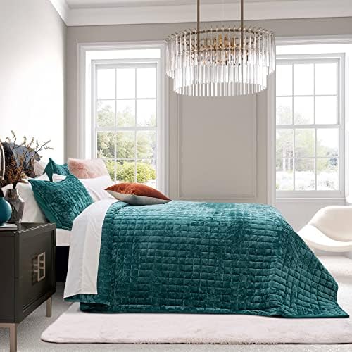 RECYCO Channel Box Stitch Velvet Quilt Set, Full Queen Size, Teal - Image 2