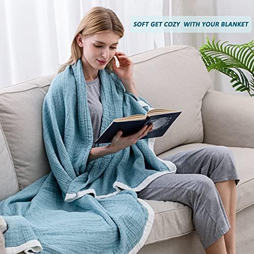 SE SOFTEXLY Muslin Throw Blanket, 4-Layer Dyed Yarn, 90”x102”, Light Blue - Image 4