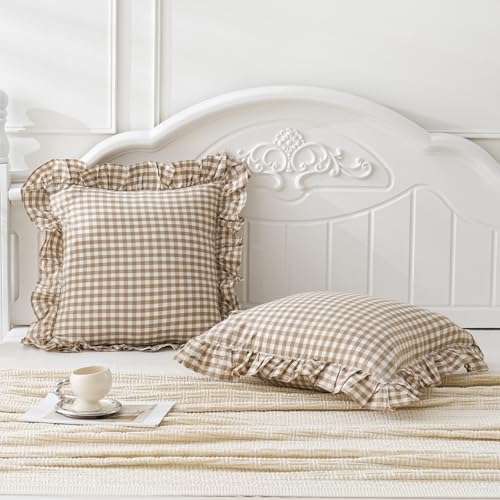 Taupe/White Plaid Euro Pillow Shams Ruffle Pillowcases, 26x26 Inches by Qilunn