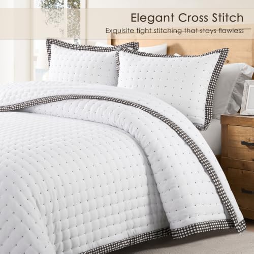 WDCOZY White Cloud Quilt Set King Size, Lightweight Soft Cross Stitch Bedspread, Farmhouse Rustic Country Coverlet, Spring Summer Thin Comforter, 3 Pieces, 2 Pillow Shams, 104x90 inches - Image 2
