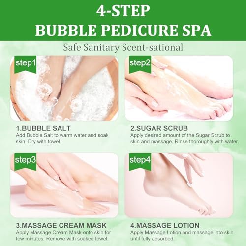 Pedicure Kit Foot Soak Set: Bubble Salt, Sugar Scrub, Massage Mask, Massage Lotion in a Box, 4 Step Foot Spa Kit for Dry Feet, Calluses and Tired Feet(3 Set Olive) - Image 5