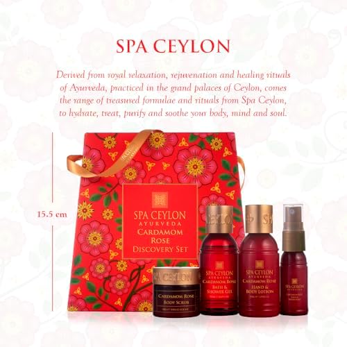Spa Ceylon Ayurveda Cardamom Rose Discovery Set – 4-Piece Natural Uplifting Spa Gift Set with Himalayan Rose & Organic Ceylon Cardamom - Bath Gel, Body Lotion, Pillow Mist & Scrub - Image 2