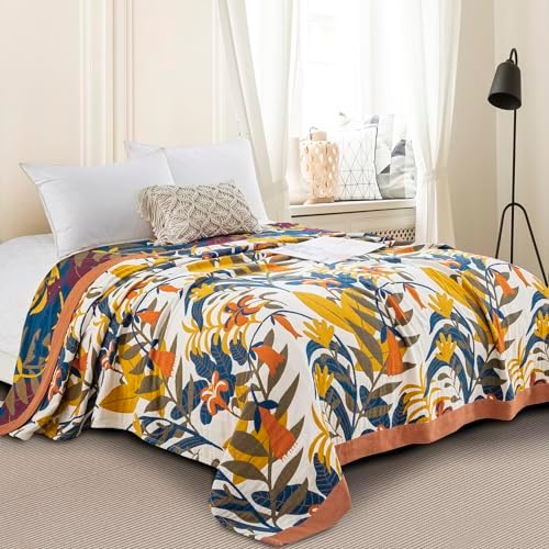 100% Muslin Cotton Throw Blanket for Bed Couch Chair,Botanical Floral Printed Bohemian Vintange Quilt Ultra Soft Reversible Gauze Blanket for All Season, 90"x98" by Purefair