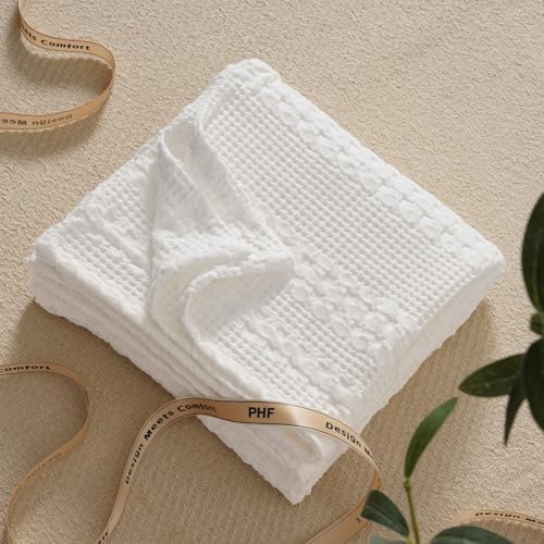 PHF Lightweight 100% Cotton Waffle Throw Blanket for Couch, White - Image 6