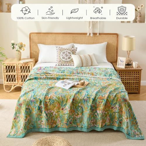 VANJOROY Boho Throw Blanket, 100% Organic Cotton Breathable Skin-Friendly Ultra Soft 50" x 60" Bed Quilt Green Leaf Throw - Floral Luxury Reversible Blanket for Sofa Couch Chair and Gift, - Image 4