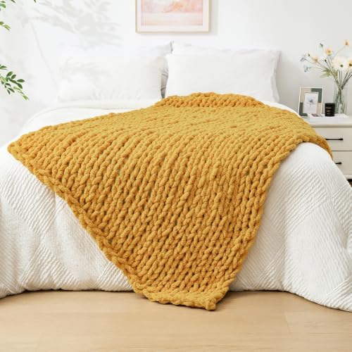 Bigacogo Chunky Knit Throw Blanket for Couch, 40x60 inches, Mustard Yellow by Bigacogo