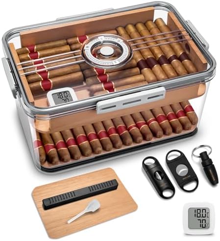 CIGARLOONG Cigar Humidor Large with Cedar Shelves, Cigar Cutter Punch and Hygrometer & Humidifier, Acrylic Cigar Desktop Box Storage for 100 Cigars Partition Clear Airtight Cigar Humidor (Large) by Unknown
