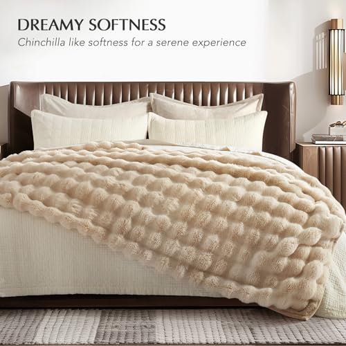 EverGrace Faux Rabbit Fur Bubble Throw Blanket, 50"x60", Cream - Image 6