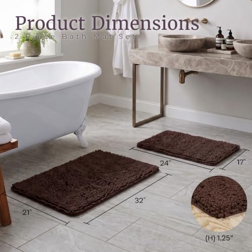 Home Bedford 2 Piece Memory Foam Shag Bath Mat Set - Absorbs Moisture, Dries Quickly, Non Slip Bathroom Rug, Water Absorbent Carpet, Machine Washable - Chocolate - Image 2