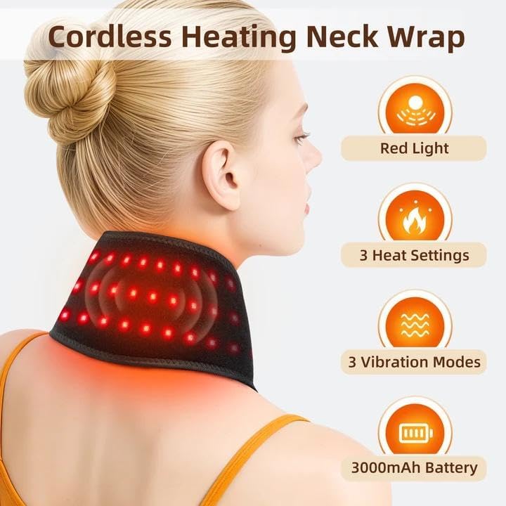 Cordless Neck Heating Pad for Pain, Neck Massager with 660nm 850nm Red Light, Heated Neck Wrap with 3000mAh Rechargeable, 3 Levels Heat & Massage, Black - Image 2