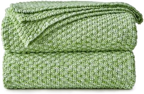 Longhui bedding 100% Cotton Knitted Throw Blanket – Green, Soft & Cozy, Machine Washable, 51"x63" – Perfect for Living Room, Couch, Sofa, Bed or Travel by LongHuiBedding