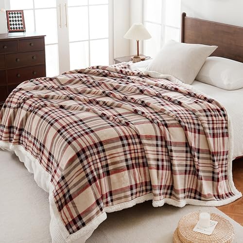 PU MEI Sherpa Fleece Throw Blanket 80" x 90" Reversible Plush Fluffy Large Big Blanket Lattice Flannel Blankets for All Season Use, Beige Stripe - Image 2