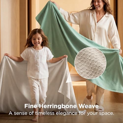 Bedsure 100% Cotton Blanket, Herringbone Weave, Full, Linen Beige - Image 2