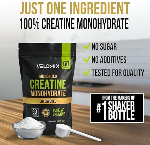 VELOMIX Micronized Creatine Monohydrate Powder - 100% Pure Creatine Powder Unflavored and Easy to Mix | Supports Muscle Growth, Recovery, and Strength | 5000mg Per Serv (5g) - 60 Servings - Image 4