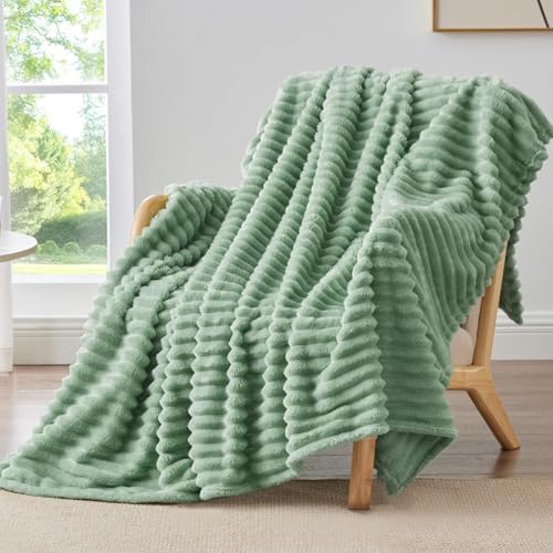BEDELITE Ribbed Fleece Throw Blanket for Couch, Sage Green, 50"x70" by BEDELITE