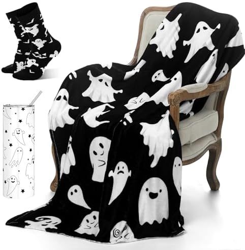 HunnmingRe 3 Pcs Black Halloween Ghost Gift with Throw Blanket Tumbler Sock by HunnmingRe