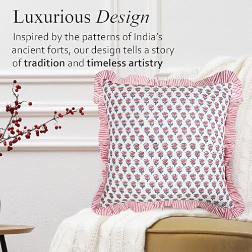 CPC Pink Sapphire Ruffle Throw Pillow Covers for Couch, 18x18 Inch Cotton Stripe Ruffle Couch Pillows for Living Room, Hidden 14 Inch Zipper Boho Pillow Case or Cute Outdoor Pillows - Image 4