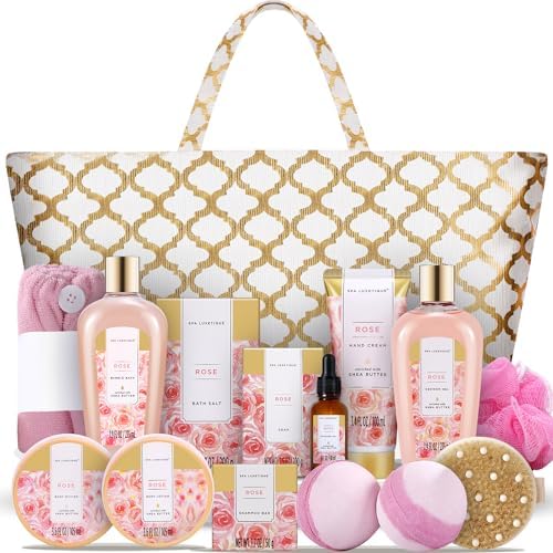 Spa Luxetique Spa Baskets for Women Gift, Womens Spa Gift Baskets, 15pcs Rose Spa Sets, Spa Kit Includes Body Oil, Bubble Bath, Bath Sets for Women, Mothers Day Gifts by spaluxetique
