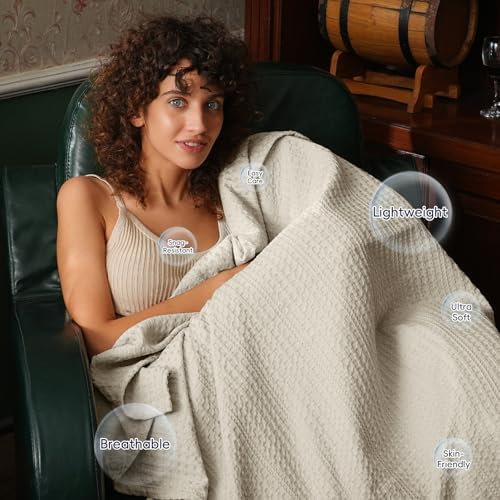 PHF Lightweight Waffle Weave Blanket King Size 104"x 90", Soft Woven Summer Blanket for Hot Sleepers - Aesthetic Home Decor for Couch Bed Sofa, Pet Friendly, Natural/Linen - Image 2