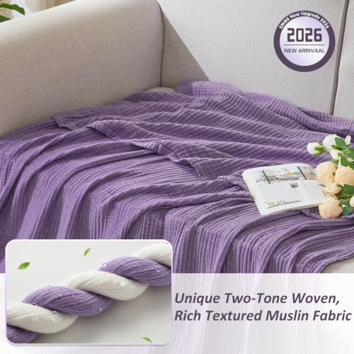 EMME Cotton Muslin King Blanket Bed Layering Bedspread Coverlet Breathable Gauze Soft Lightweight (Heather Purple, 108"x90") - Image 2