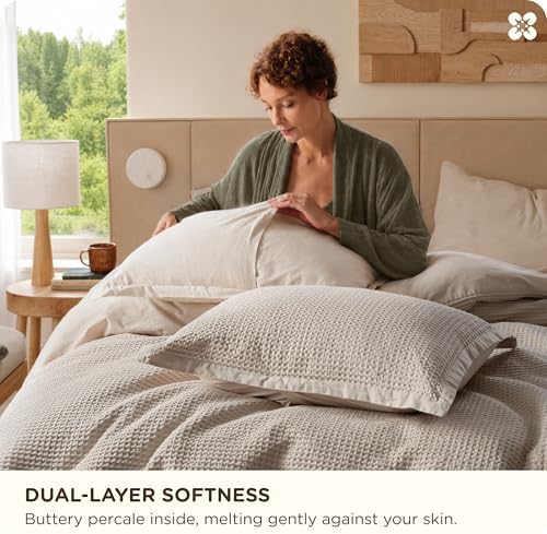 Bedsure PureWoven 3 Pieces 100% Cotton Waffle Duvet Cover Set, King, Linen - Image 4