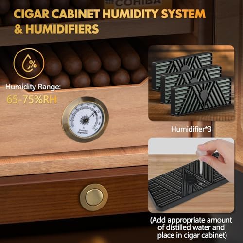 Tesonway Cigar Humidor, Desktop Cigar Humidor Cabinet Light Control System with Spanish Cedar Wood Shelves, Hygrometer, 3 Humidifiers and Cigar Accessories Drawer, Father's Day Gift for Men (Brown) - Image 6