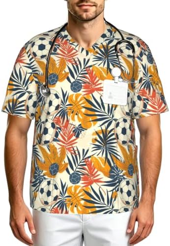Men's Scrub Top,V-Neck Spill Wrinkle Resistant,3 Pockets-Tropical Palm Leaf Football (4) by Unknown
