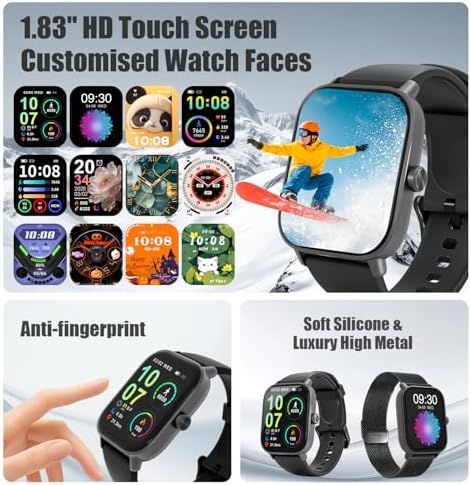 Smart Watch for Men & Women Android & iPhone, 1.83" HD Touchscreen, 24/7 Heart Rate, Sleep & Fitness Tracker, Answer/Make Calls/100+ Sports Modes/Message Reminder, IP68 Waterproof, Pedometer, 2 Bands - Image 5